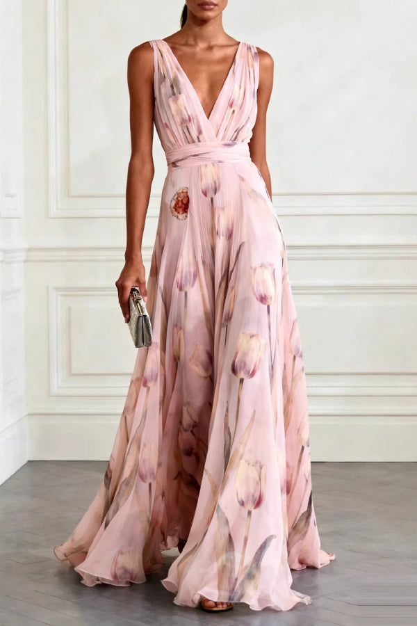 Vicky - Robe longue élégante sans manches à imprimé floral et col en V