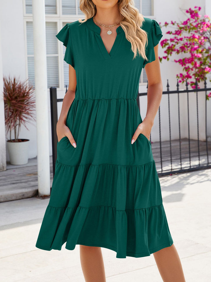 Zia - Robe midi décontractée à volants et col échancré
