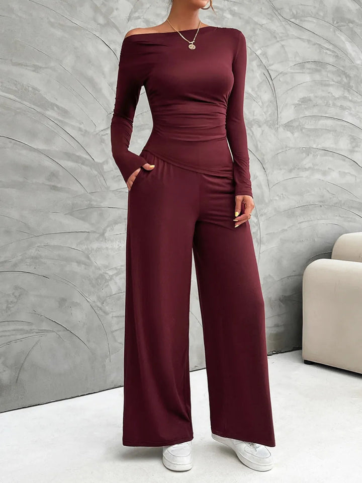Mireya - Ensemble élégant haut ajusté à manches longues et pantalon large