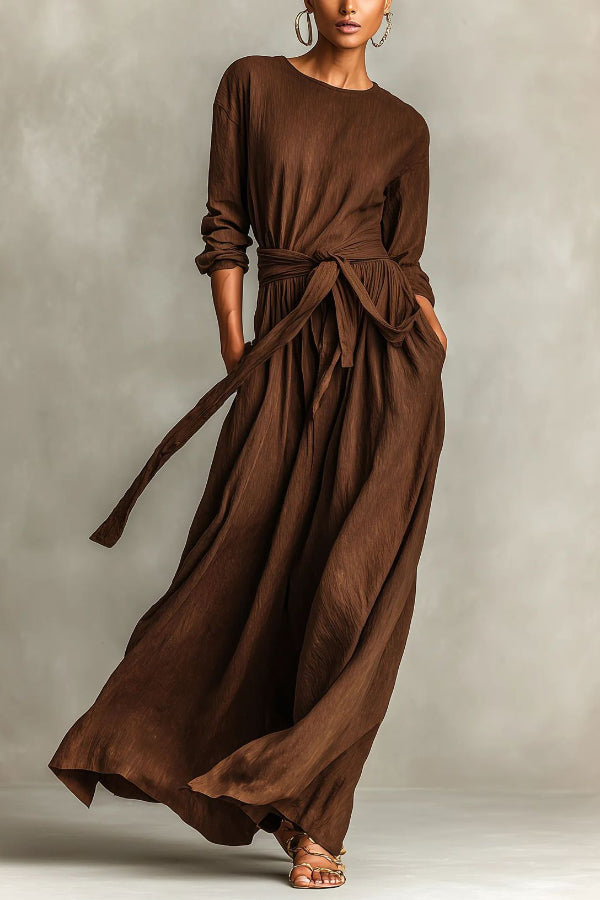 Lainey - Robe maxi décontractée ample à col rond manches longues avec taille nouée
