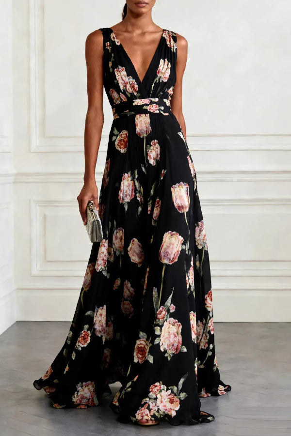 Vicky - Robe longue élégante sans manches à imprimé floral et col en V