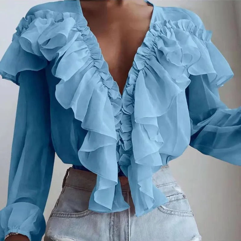 Nychelle - Blouse élégante à manches longues avec volants et col V profond