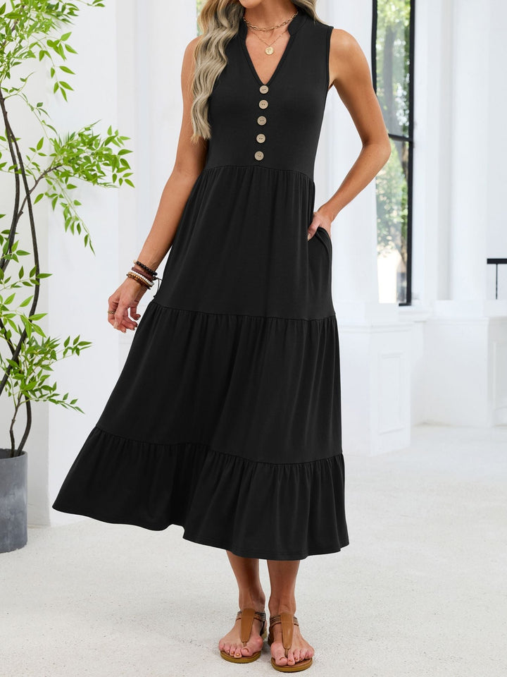 Vanira - Robe midi décontractée ample sans manches à col échancré et volants étagés