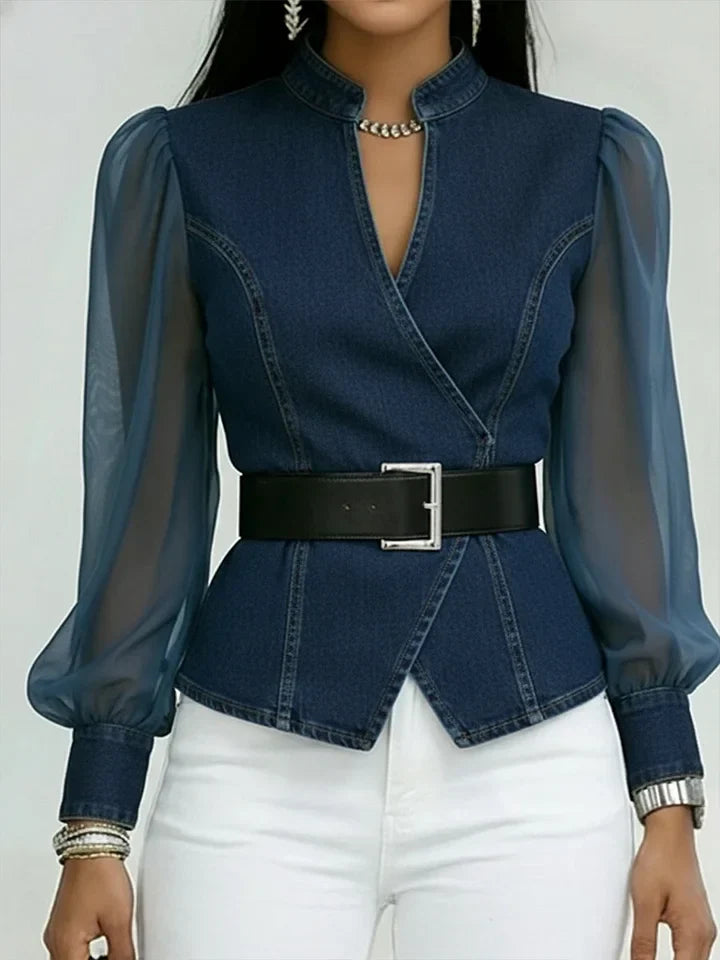 Celine - Blouse élégante en denim avec dentelle à manches longues