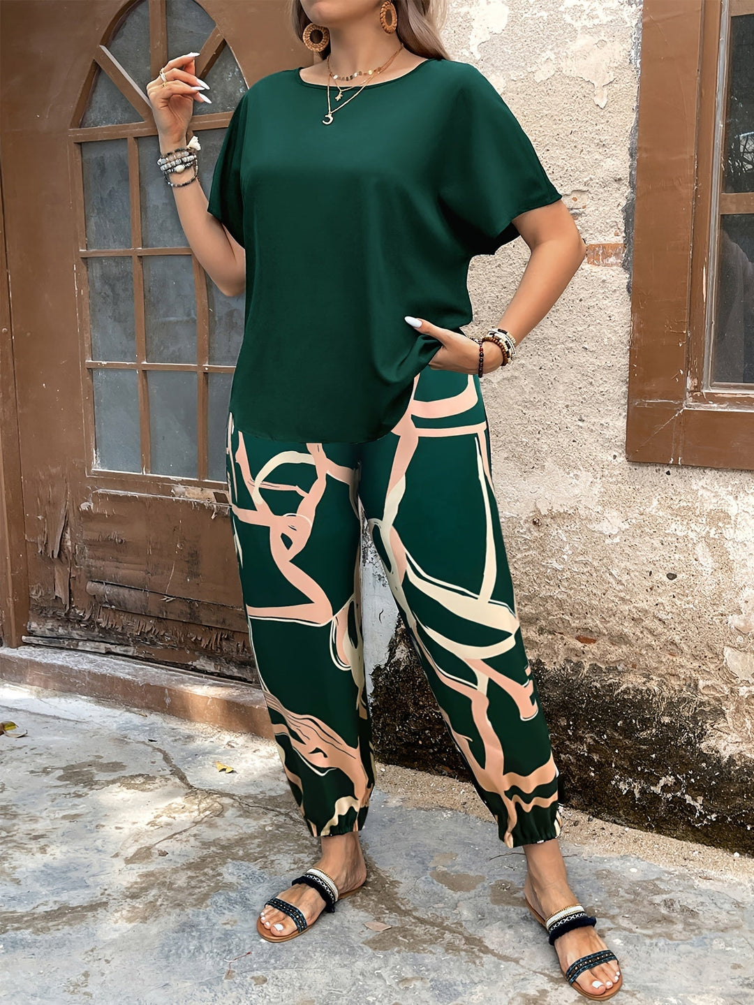 Vivian - Ensemble décontracté blouse ample et pantalon à imprimé abstrait
