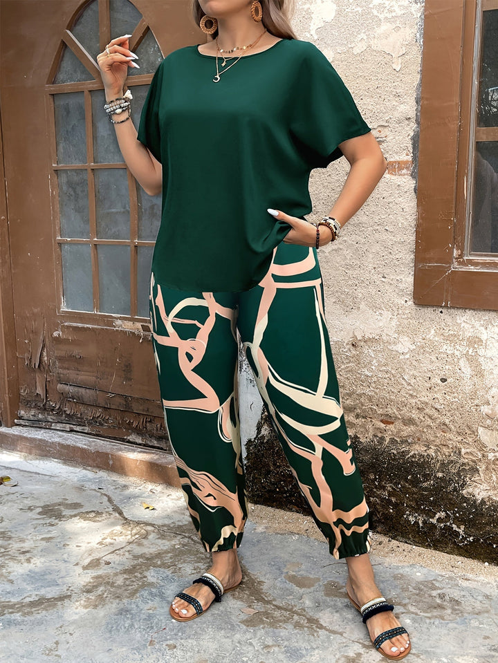 Vivian - Ensemble décontracté blouse ample et pantalon à imprimé abstrait
