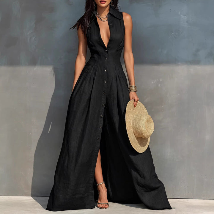 Mathilde - Robe longue élégante à taille haute et boutons