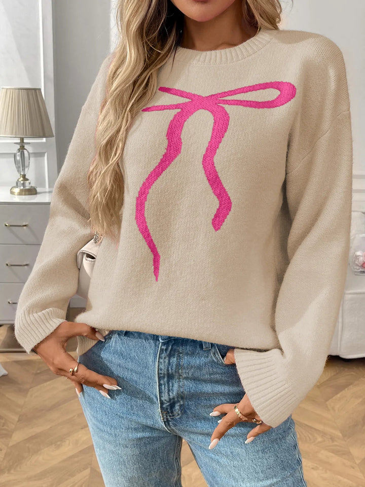 Queniva - Pull élégant col rond avec ourlet côtelé et imprimé nœud