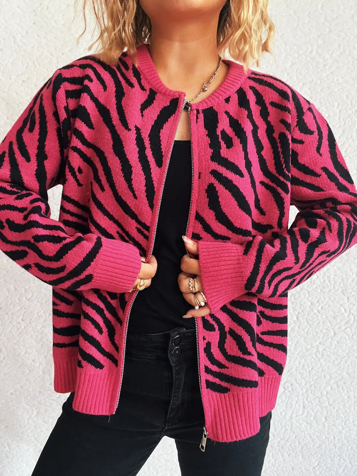 Beatrice - Cardigan chaud zippé à imprimé zèbre