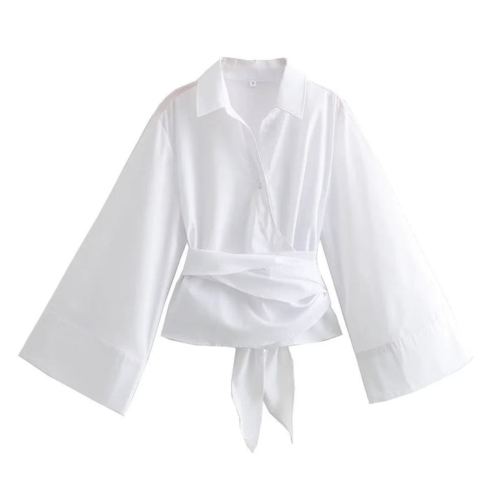 Anastasia | Chemise ample et polyvalente à col polo et manches longues en popeline à double rabat pour femmes