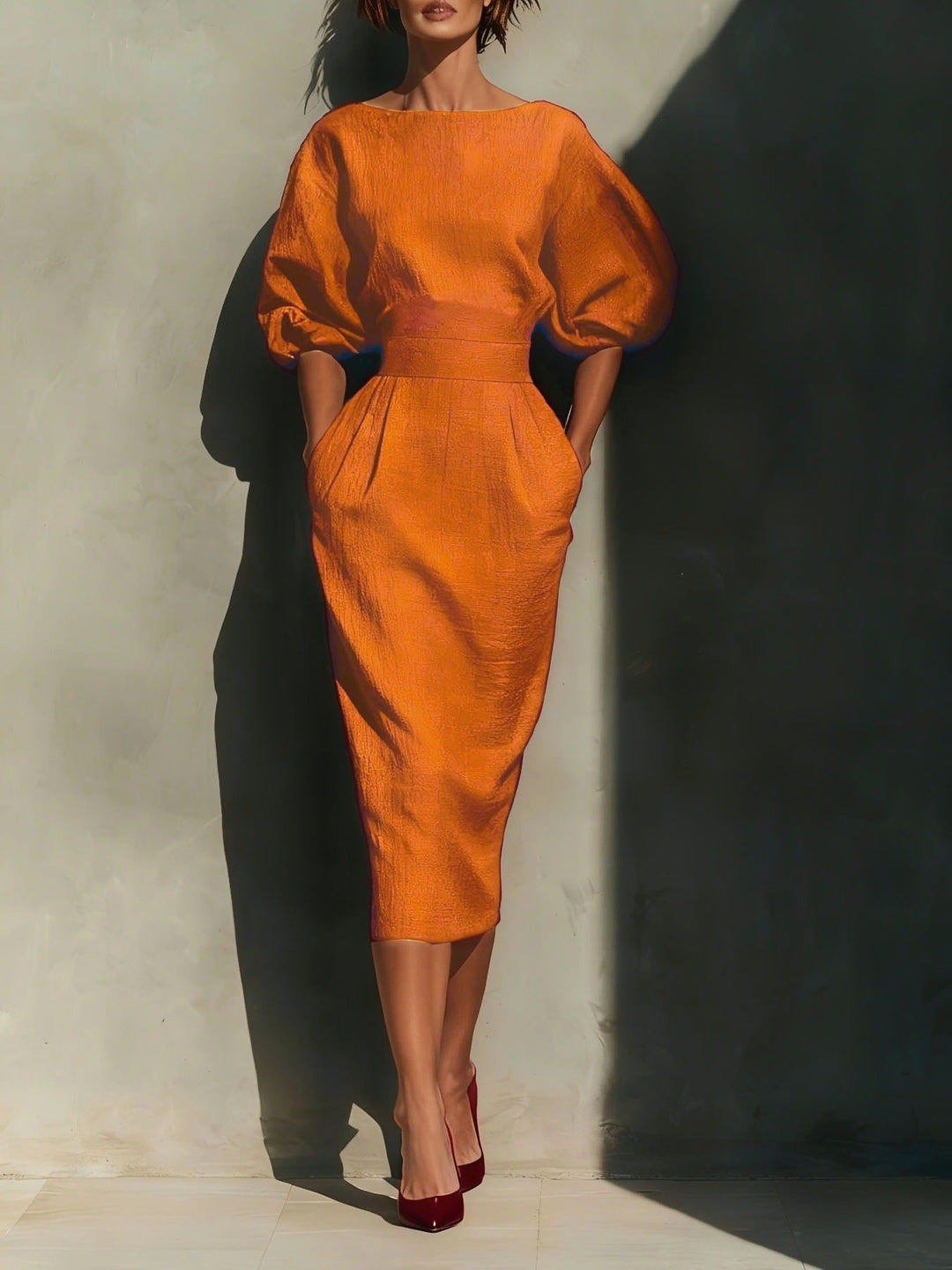 Brielle - Robe midi élégante à col rond avec manches bouffantes