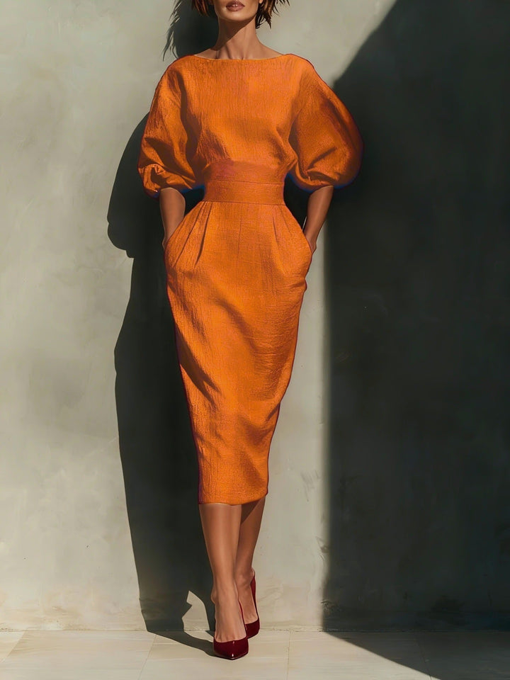Brielle - Robe midi élégante à col rond avec manches bouffantes