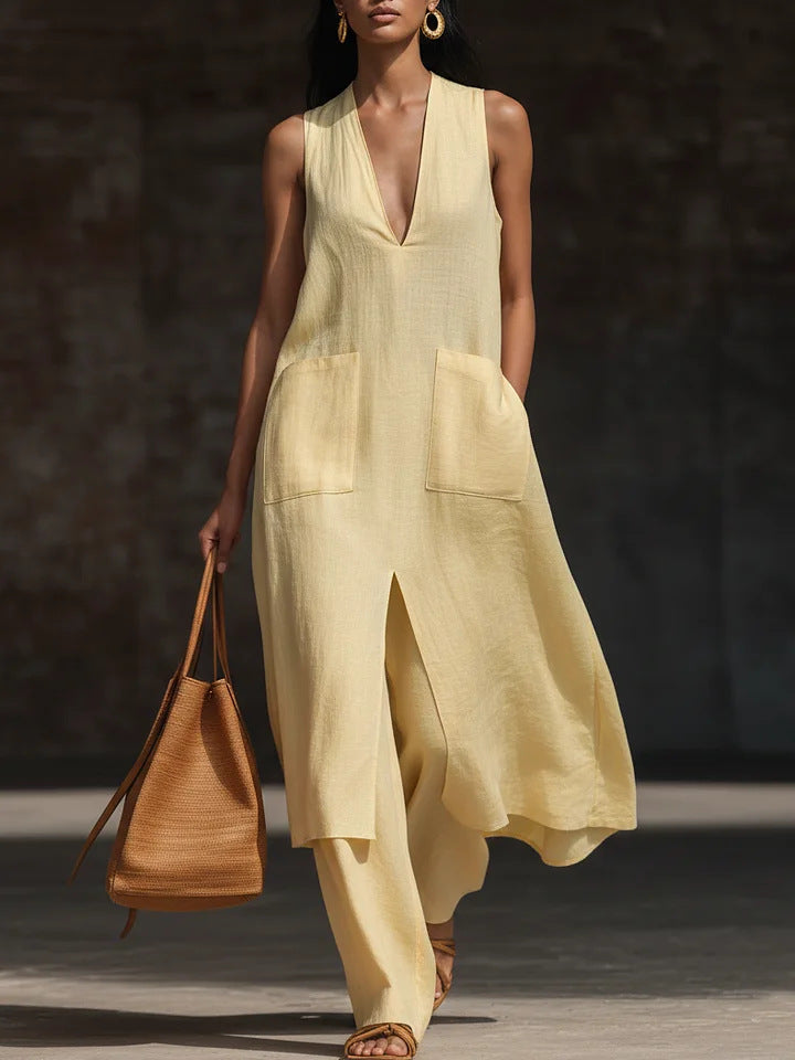 Vania - Ensemble élégant robe ample sans manches à col V avec fente avant et pantalon