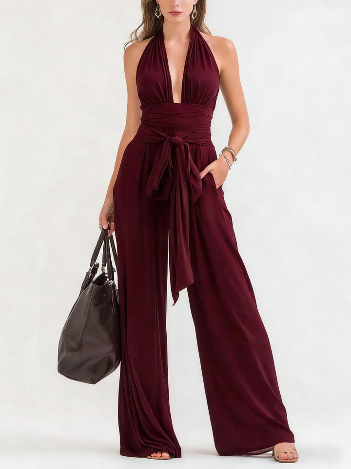 Alynna - Combinaison élégante à col halter, col V, taille nouée et jambes larges