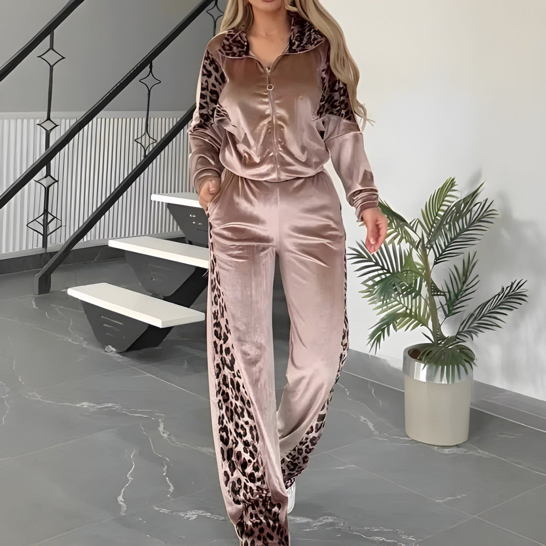 Vallory - Ensemble stylé veste et pantalon à imprimé léopard