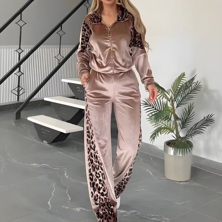 Vallory - Ensemble stylé veste et pantalon à imprimé léopard