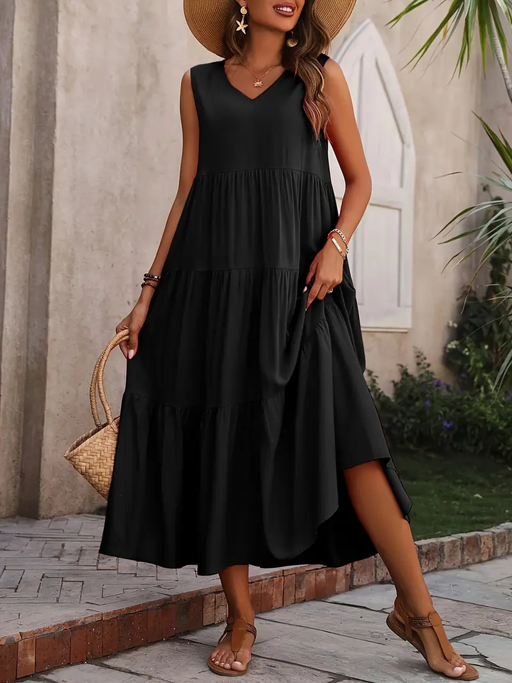 Xandrine - Robe maxi décontractée ample sans manches avec ourlet à volants