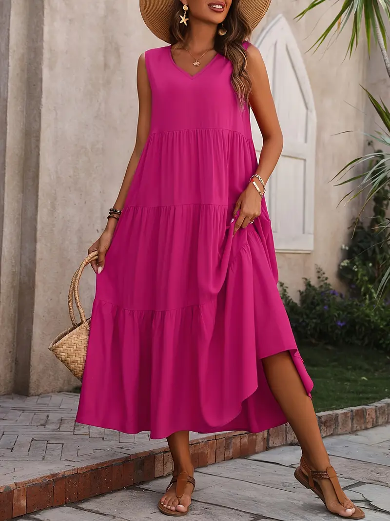 Xandrine - Robe maxi décontractée ample sans manches avec ourlet à volants