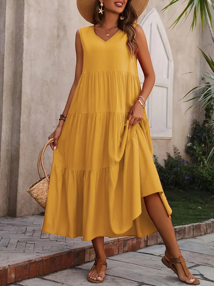 Xandrine - Robe maxi décontractée ample sans manches avec ourlet à volants