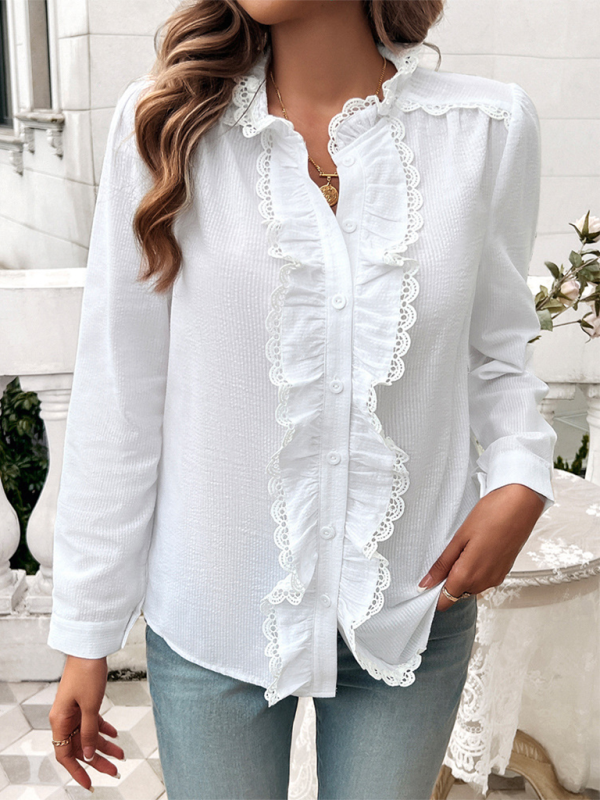 April - Blouse élégante rayée à manches longues avec volants et dentelle