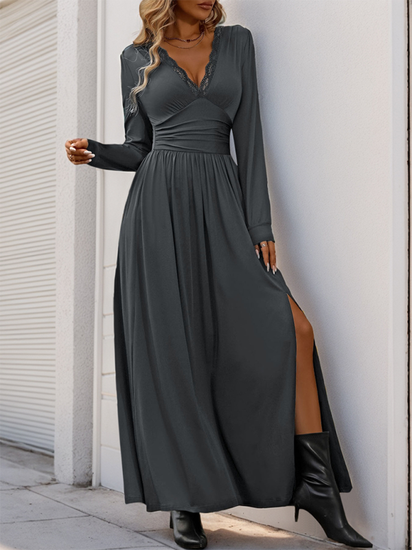 Karmella - Robe maxi élégante à col V manches longues avec taille cintrée