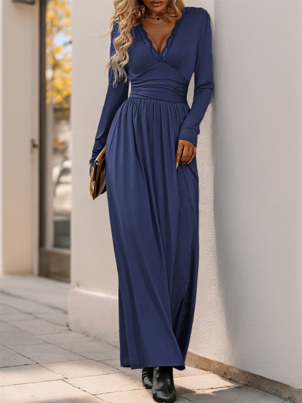 Karmella - Robe maxi élégante à col V manches longues avec taille cintrée