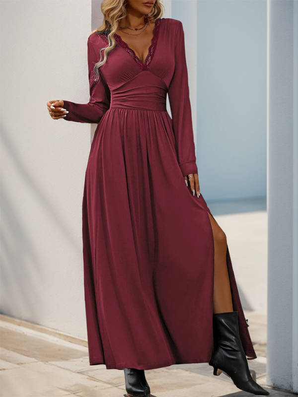 Karmella - Robe maxi élégante à col V manches longues avec taille cintrée