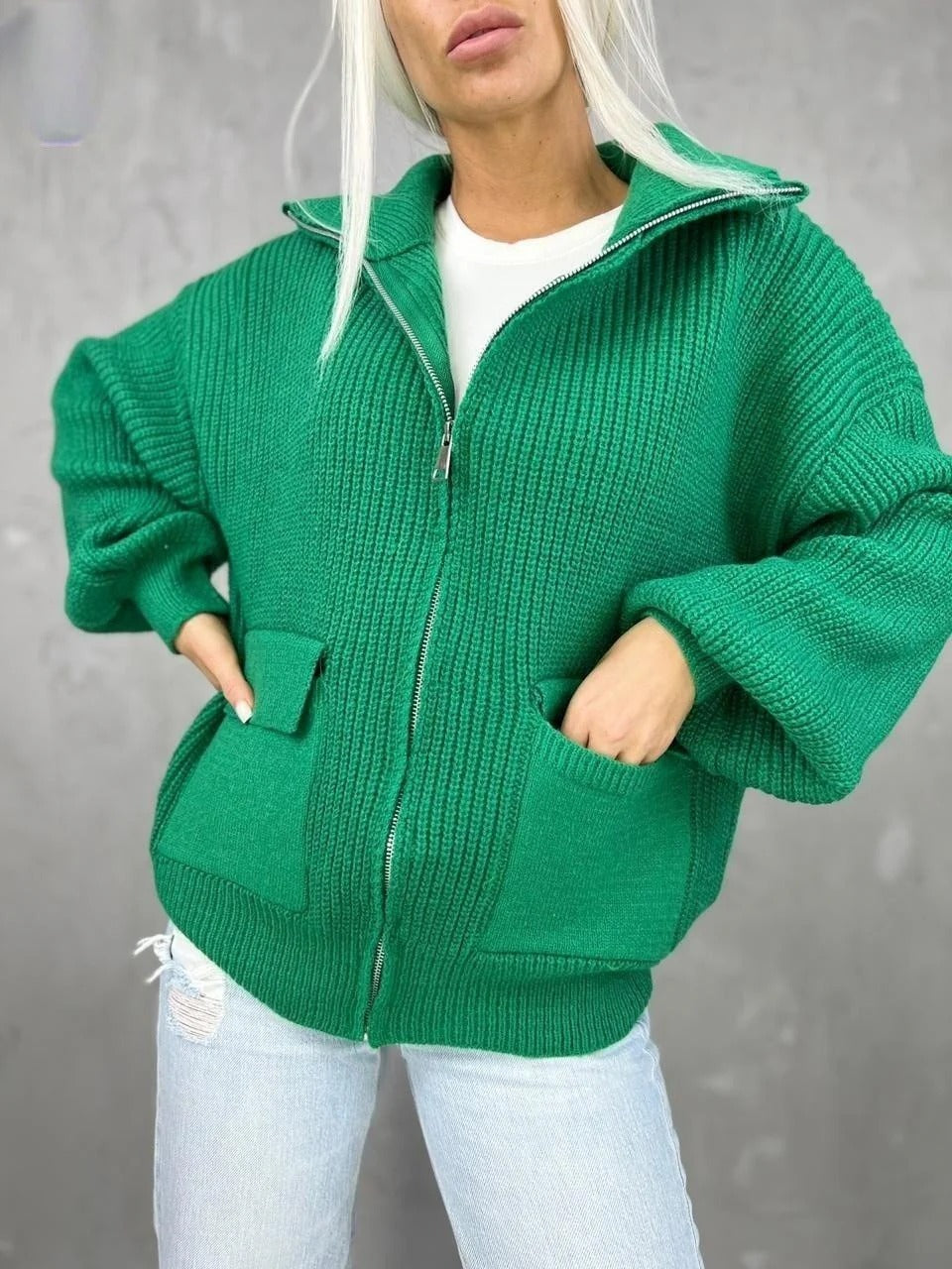 Romelia - Cardigan chaud ample en maille avec fermeture éclair