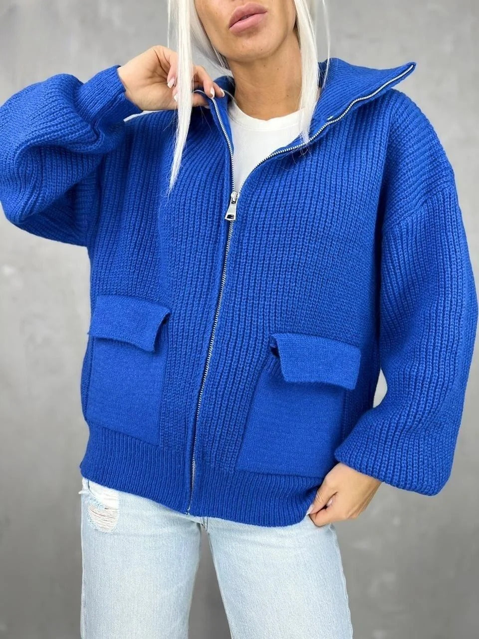 Romelia - Cardigan chaud ample en maille avec fermeture éclair