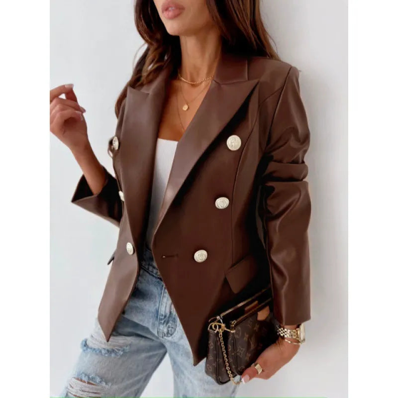 Karlene - Blazer élégant en simili cuir à double boutonnage