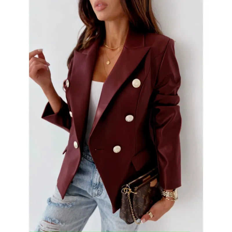 Karlene - Blazer élégant en simili cuir à double boutonnage