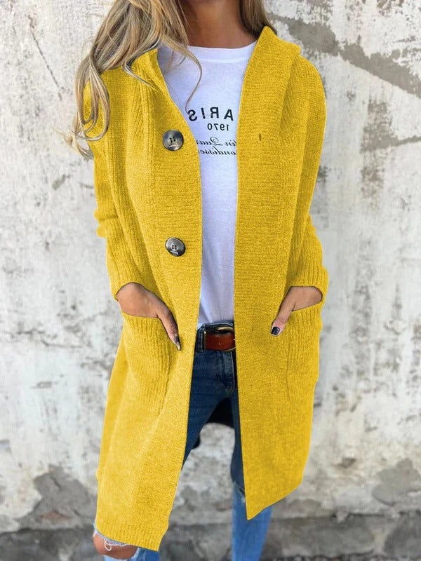 Sahana - Cardigan Long Élégant Décontracté en Maille à Capuche avec Boutons