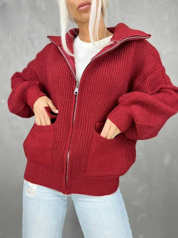 Romelia - Cardigan chaud ample en maille avec fermeture éclair