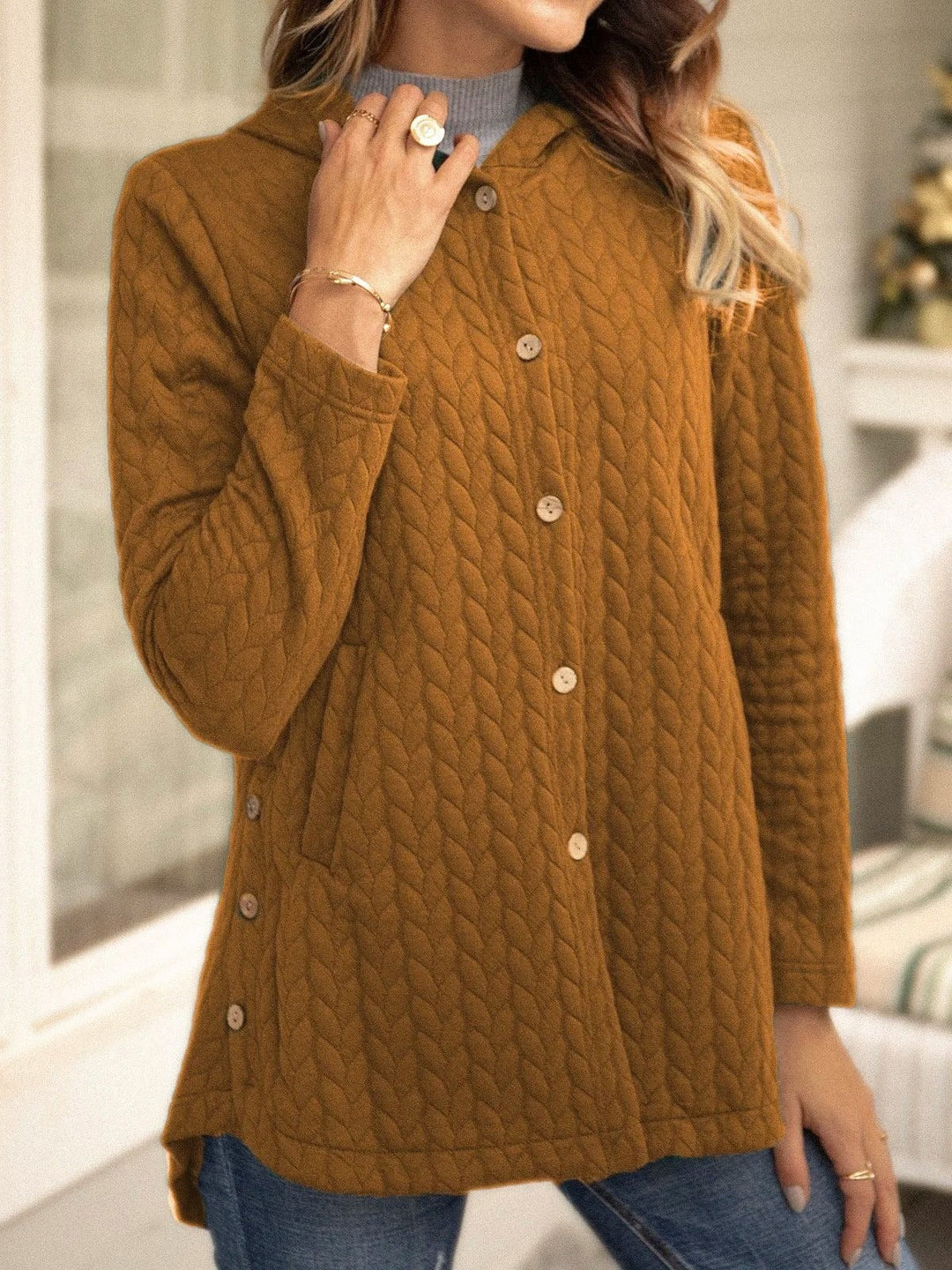 Yazmine - Cardigan Décontracté et Polyvalent en Maille à Capuche avec Boutons