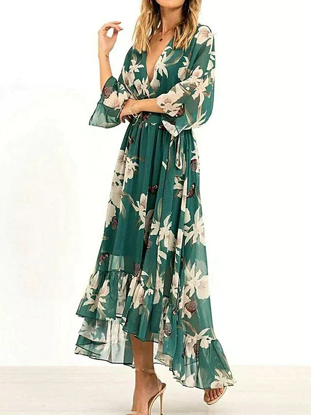 Unathi | Robe verte élégante à volants avec bande de taille
