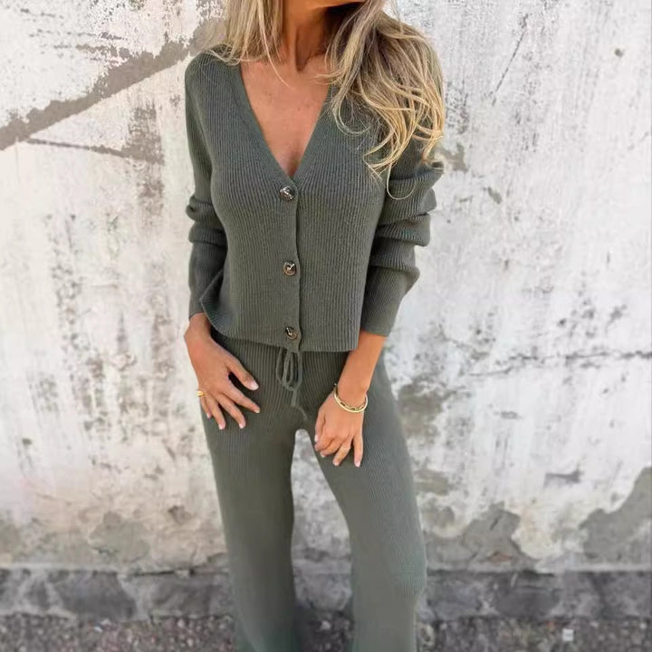 Zorina - Ensemble décontracté en maille avec cardigan col V boutonné et pantalon