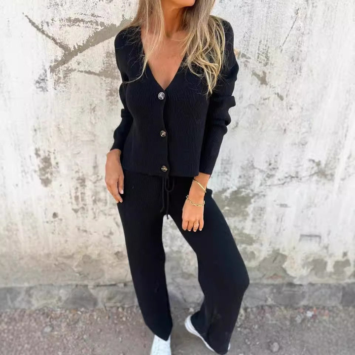 Zorina - Ensemble décontracté en maille avec cardigan col V boutonné et pantalon