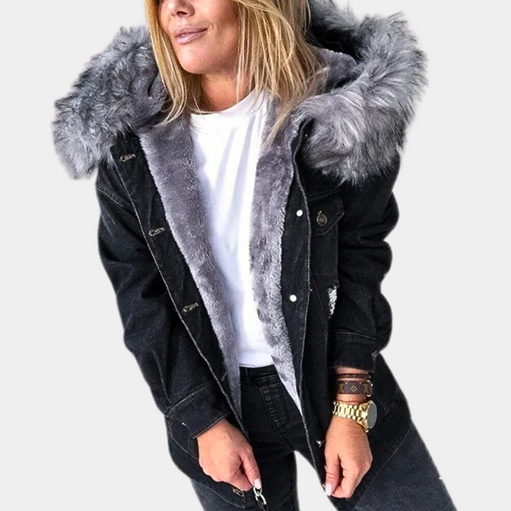 Zoya - Veste en denim ample avec capuche en fausse fourrure